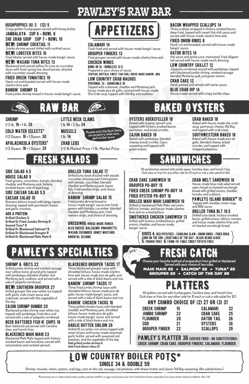 Printed menu for seafood sandwiches and tacos.
