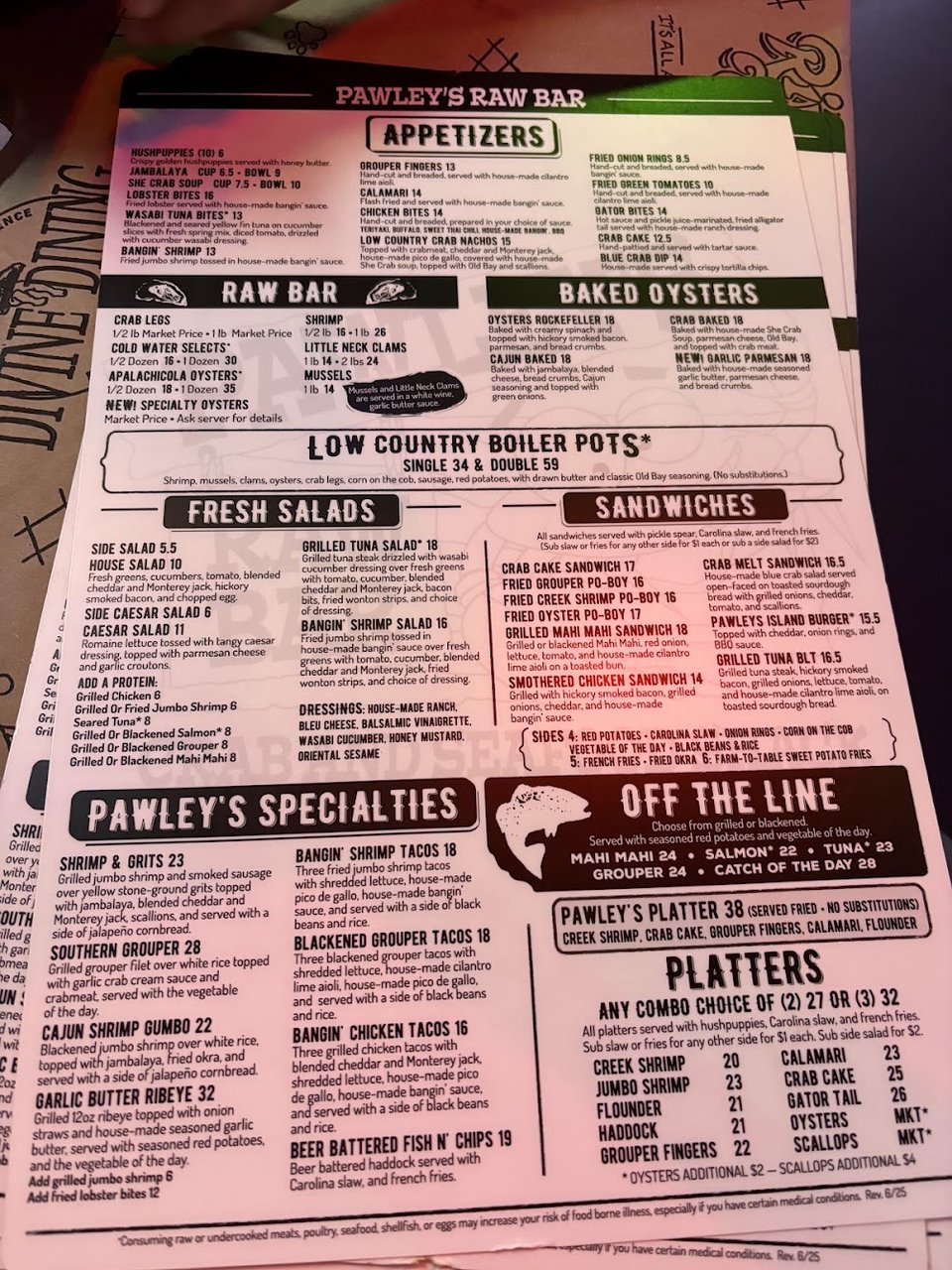 Restaurant menu laid out for casual seafood dining.